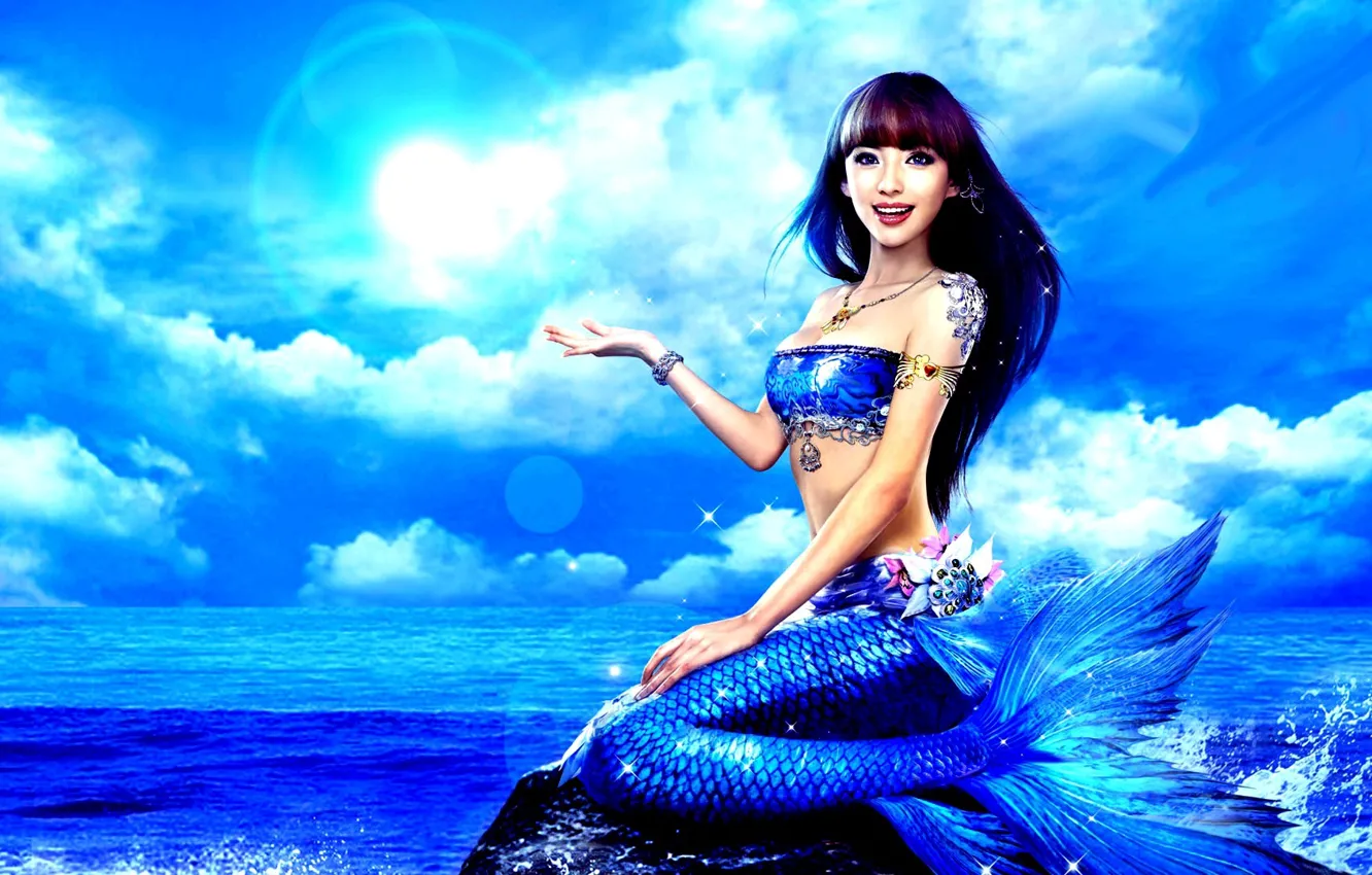 Photo wallpaper sea, girl, blue, the ocean, mermaid, tail, Asian