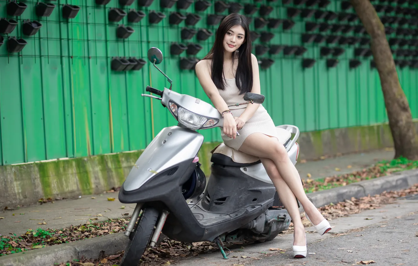 Photo wallpaper girl, dress, legs, Asian, scooter