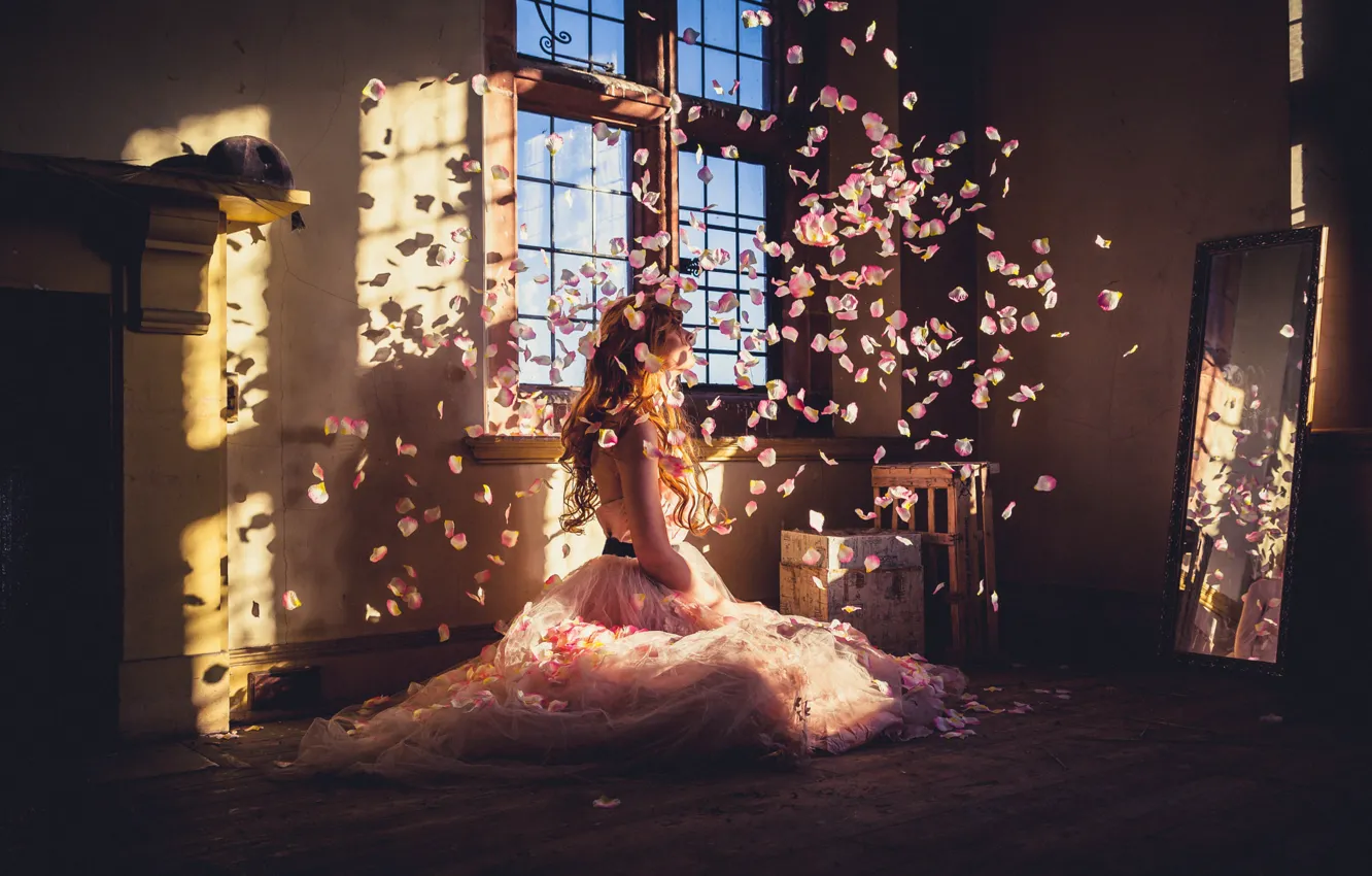 Photo wallpaper girl, light, room, petals, dress, mirror, window, on the floor