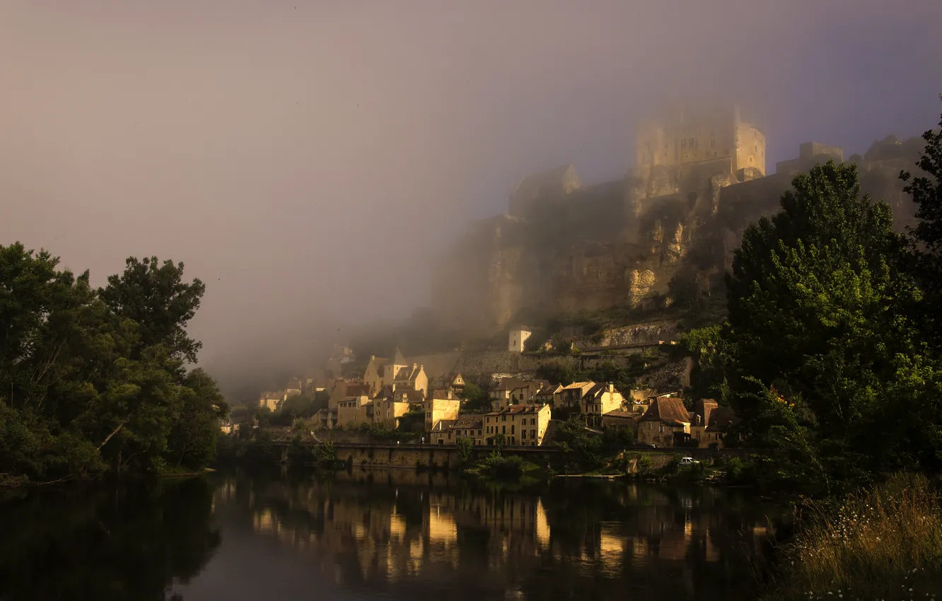 Photo wallpaper fog, castle, France, morning, medieval, Château de Beynac, the Dordogne river