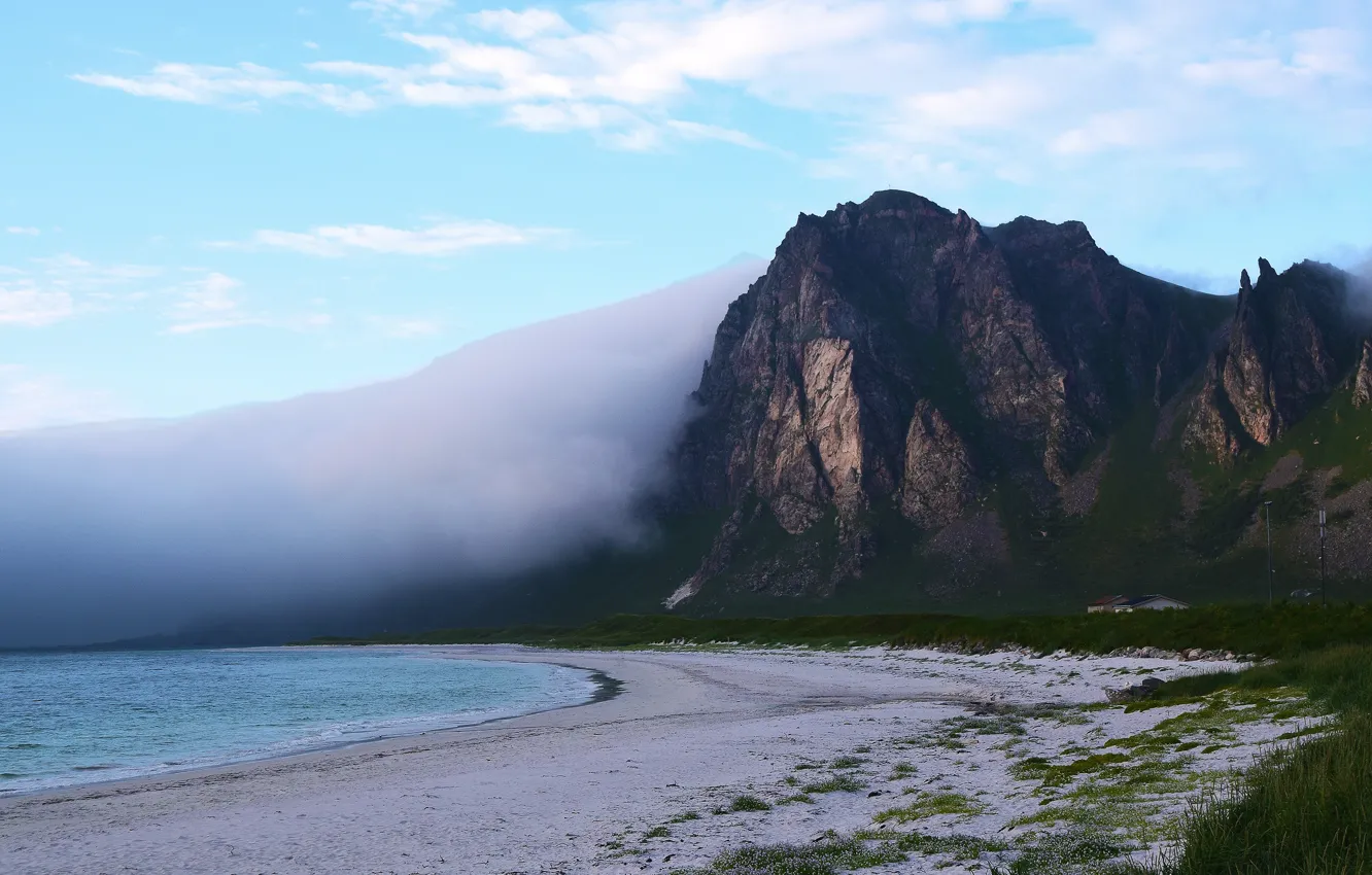 Photo wallpaper sand, sea, beach, grass, clouds, mountains, fog, rocks