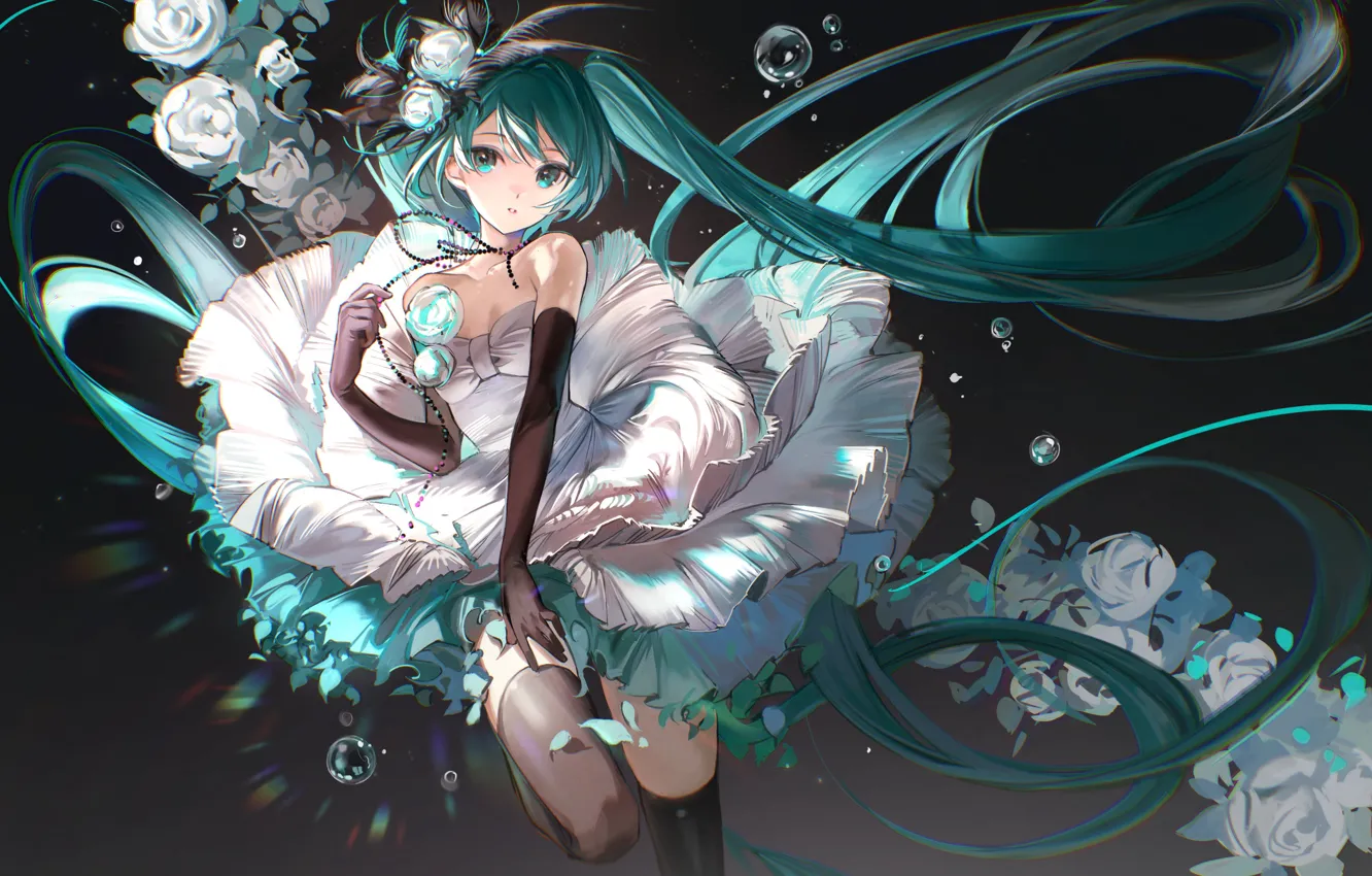 Photo wallpaper bubbles, corset, vocaloid, Hatsune Miku, white dress, long hair, white roses, Hatsune Miku