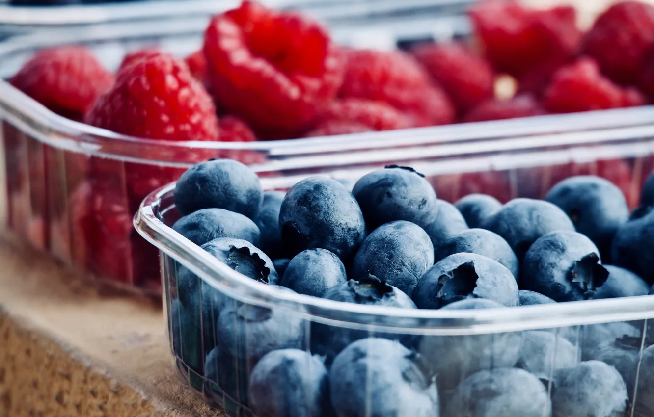 Photo wallpaper berries, raspberry, food, harvest, blueberries, container