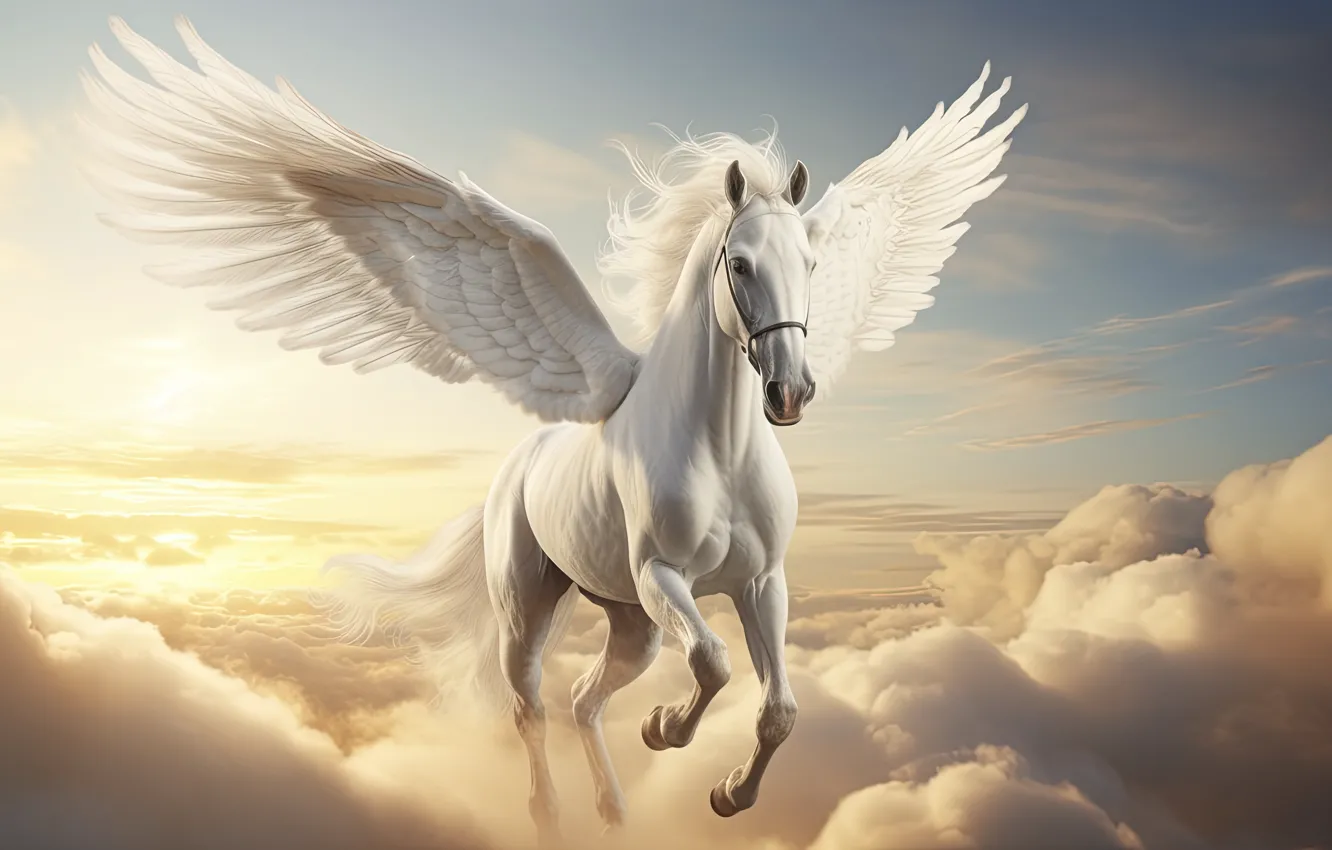 Photo wallpaper white, the sky, clouds, light, flight, fog, horse, dawn
