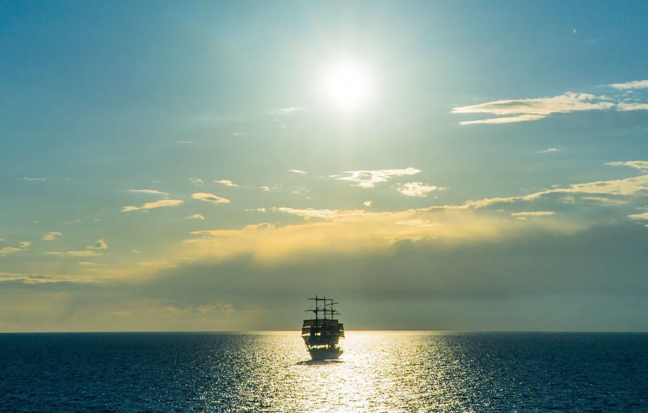 Photo wallpaper the sky, the sun, clouds, reflection, the ocean, ship, sailboat, horizon