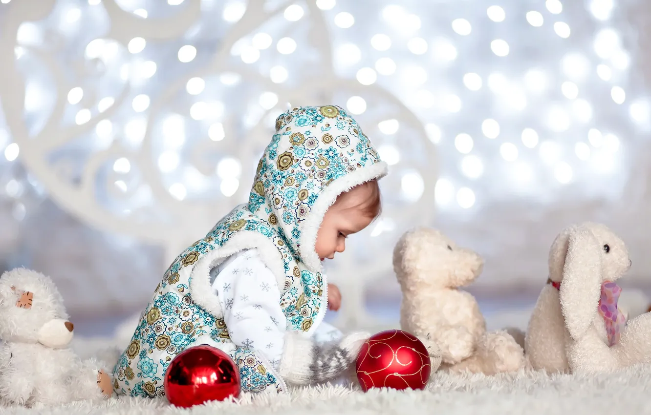 Photo wallpaper light, children, lights, holiday, toy, hare, baby, happy