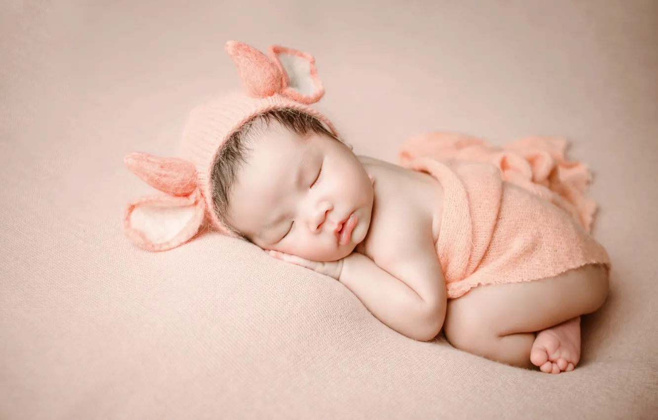 Photo wallpaper orange, pose, background, child, sleep, baby, costume, sleeping