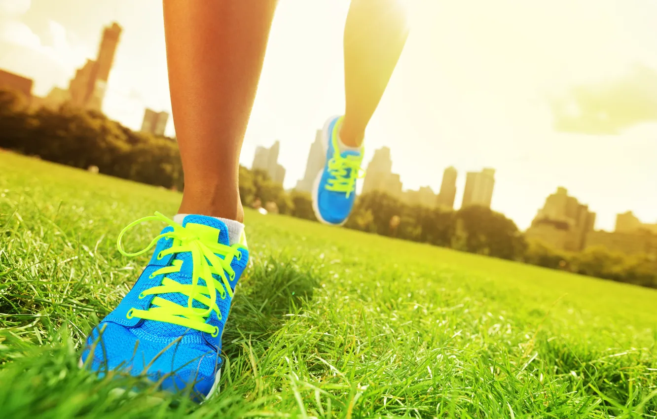 Photo wallpaper grass, slippers, training, physical activity outdoors