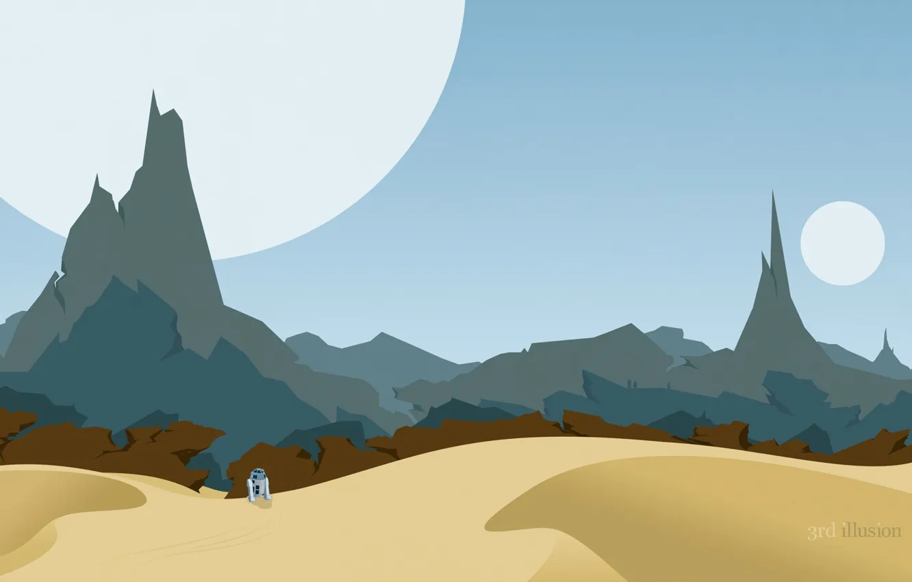 Photo wallpaper mountains, desert, planet, robot, star wars, r2d2