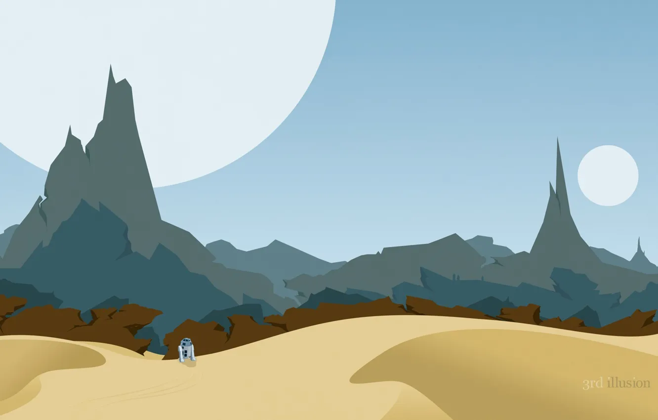 Photo wallpaper mountains, desert, planet, robot, Star Wars, R2D2