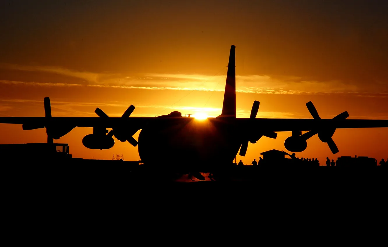Photo wallpaper aircraft, sunset, silhouette