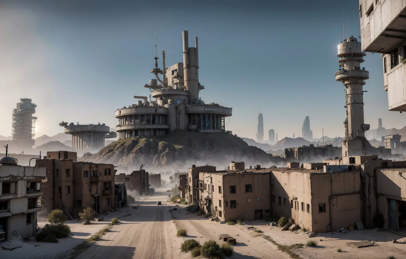 Photo wallpaper landscape, futuristic, wasteland, AND BE, Stable Diffusion, Neuronet, AI Art, fallen utopia