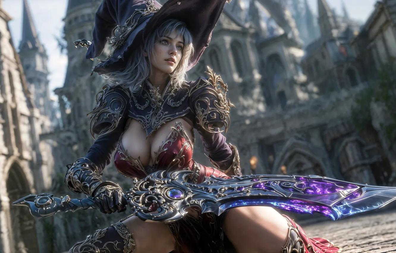 Photo wallpaper castle, magic, attack, sword, hat, armor, area, neckline