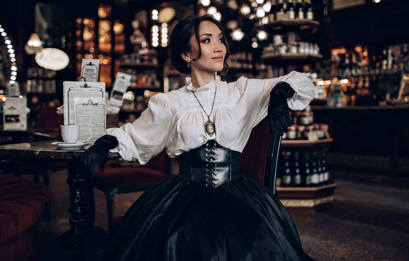 Photo wallpaper girl, pose, style, model, skirt, cafe, blouse, gloves