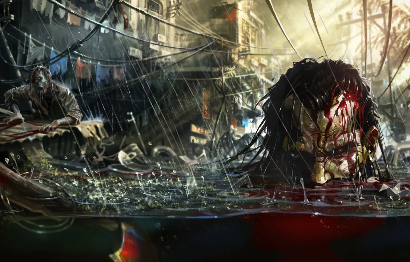 Photo wallpaper look, garbage, rain, blood, zombies, shovel, corpses, NeoGAF