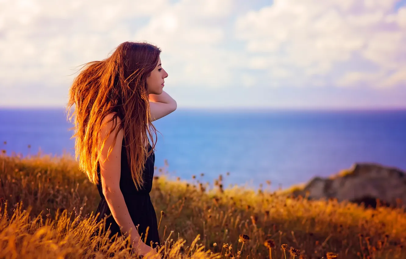 Photo wallpaper field, girl, the sun