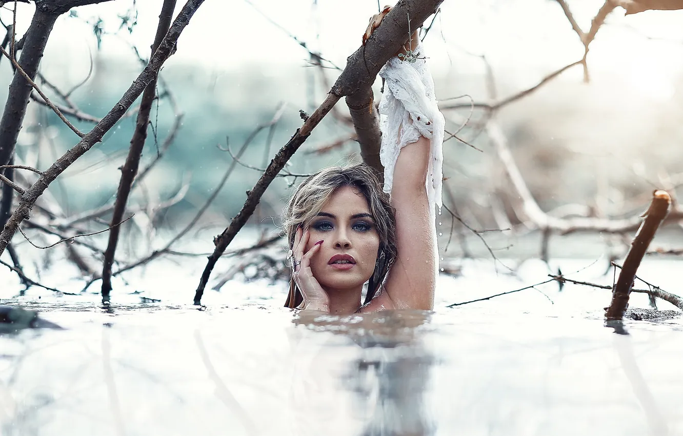 Photo wallpaper girl, lake, reflection, branch, photographer, Alessandro Di Cicco