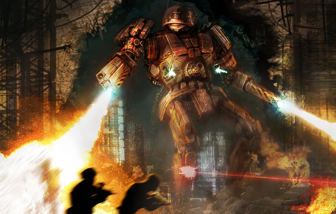 Photo wallpaper lights, war, robot, flamethrower, infantry