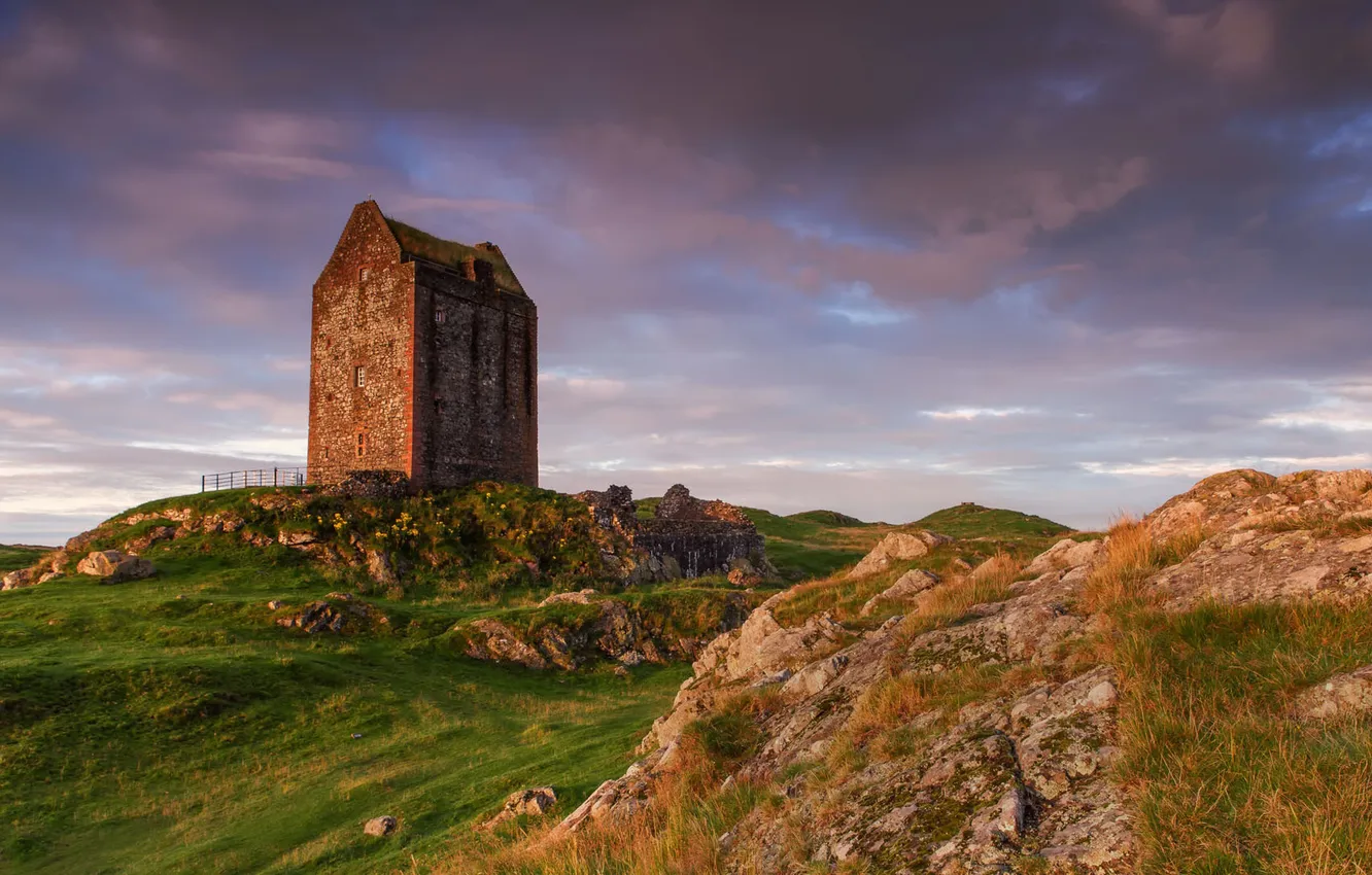 Photo wallpaper grass, rocks, tower, ruins, Scottish Borders, Smailholm Tower