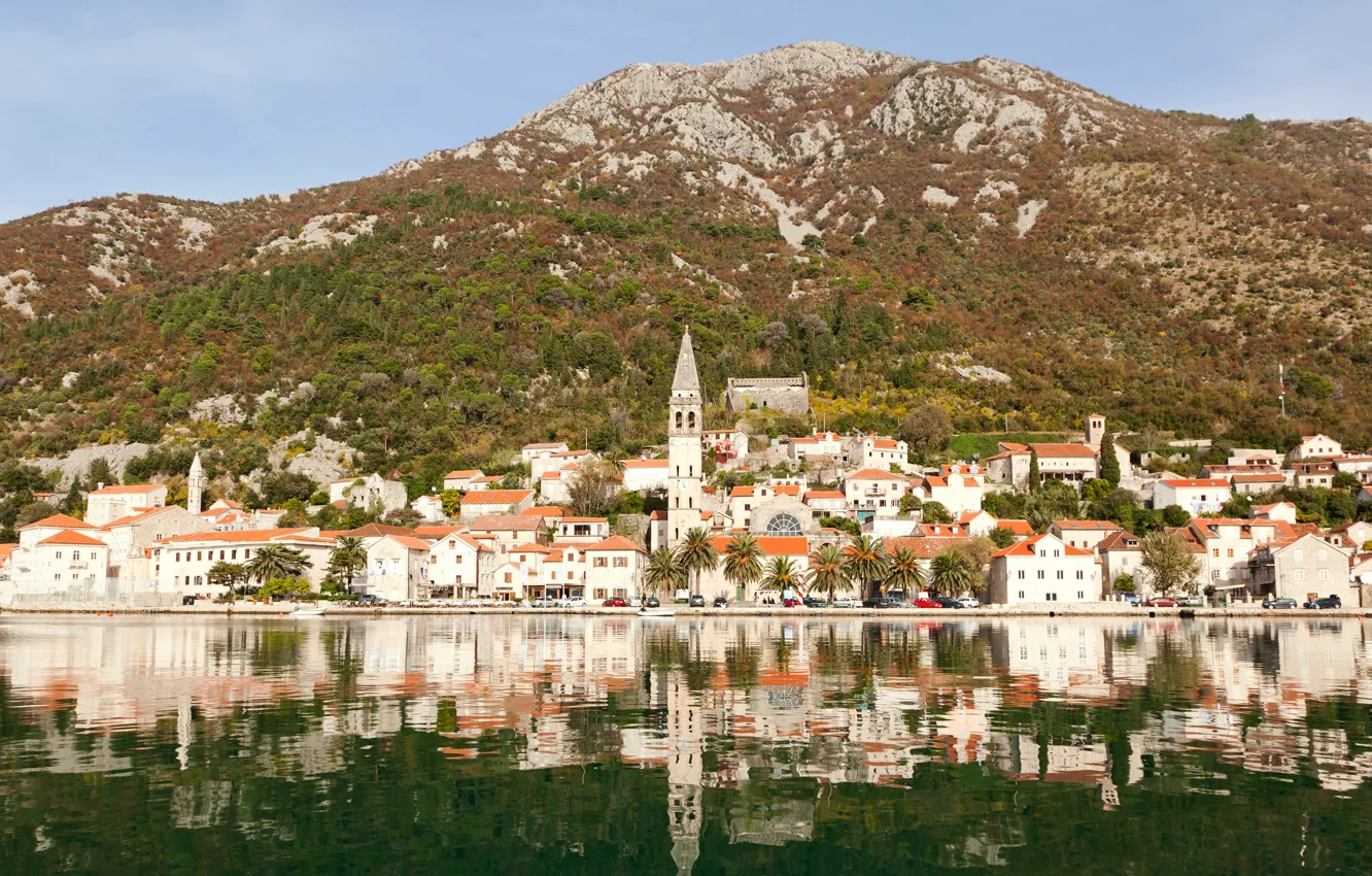 Photo wallpaper the sky, the sun, trees, mountains, stones, palm trees, shore, home