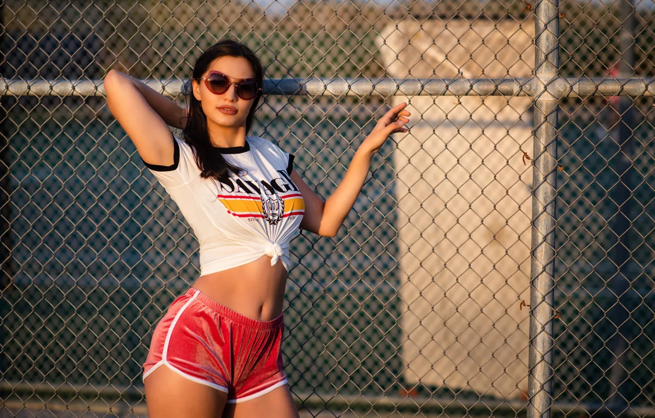 Photo wallpaper girl, pose, sport, glasses, t-shirt, shorts, netting, Christopher Rankin