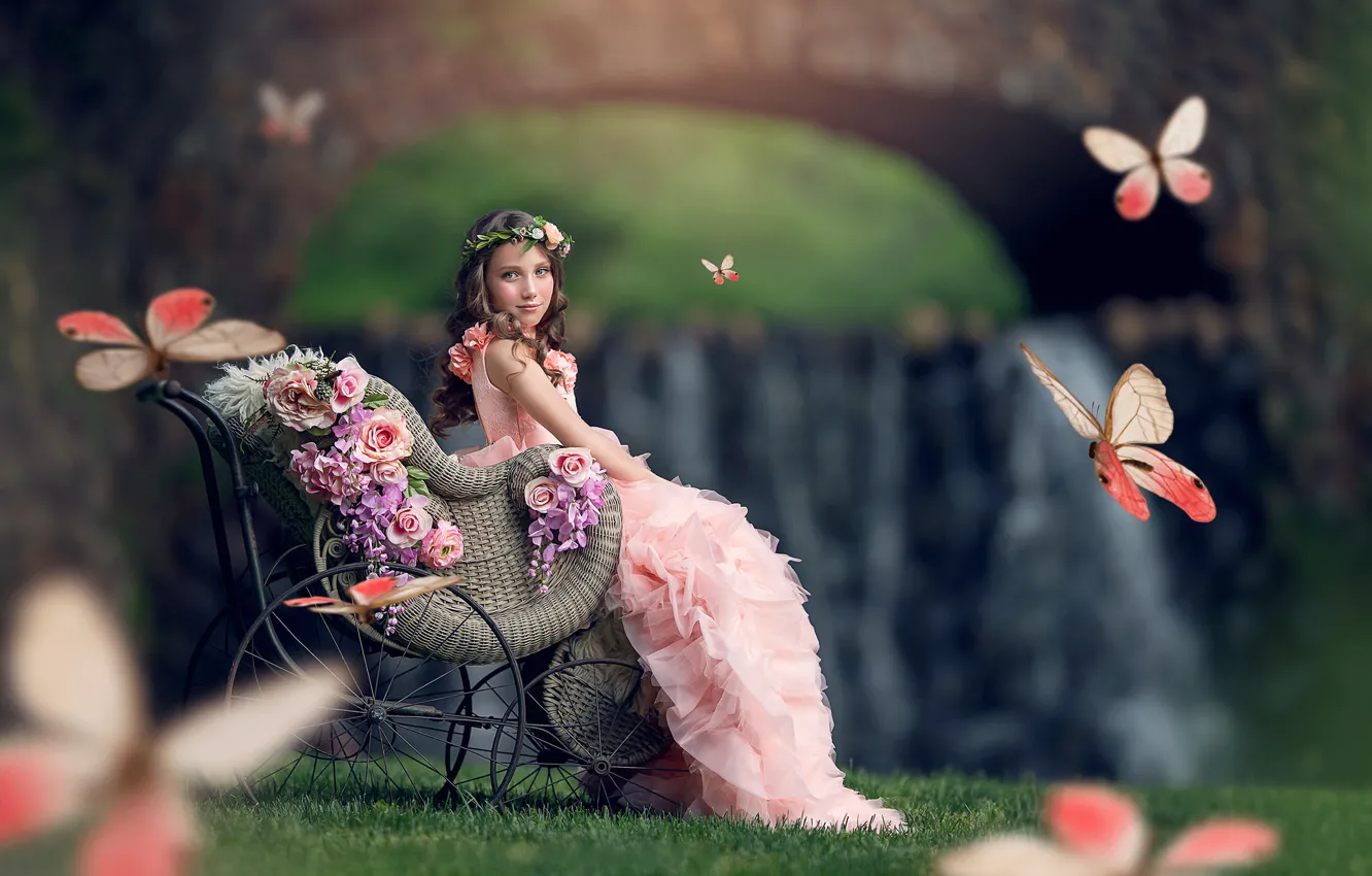 Photo wallpaper butterfly, flowers, dress, girl, stroller
