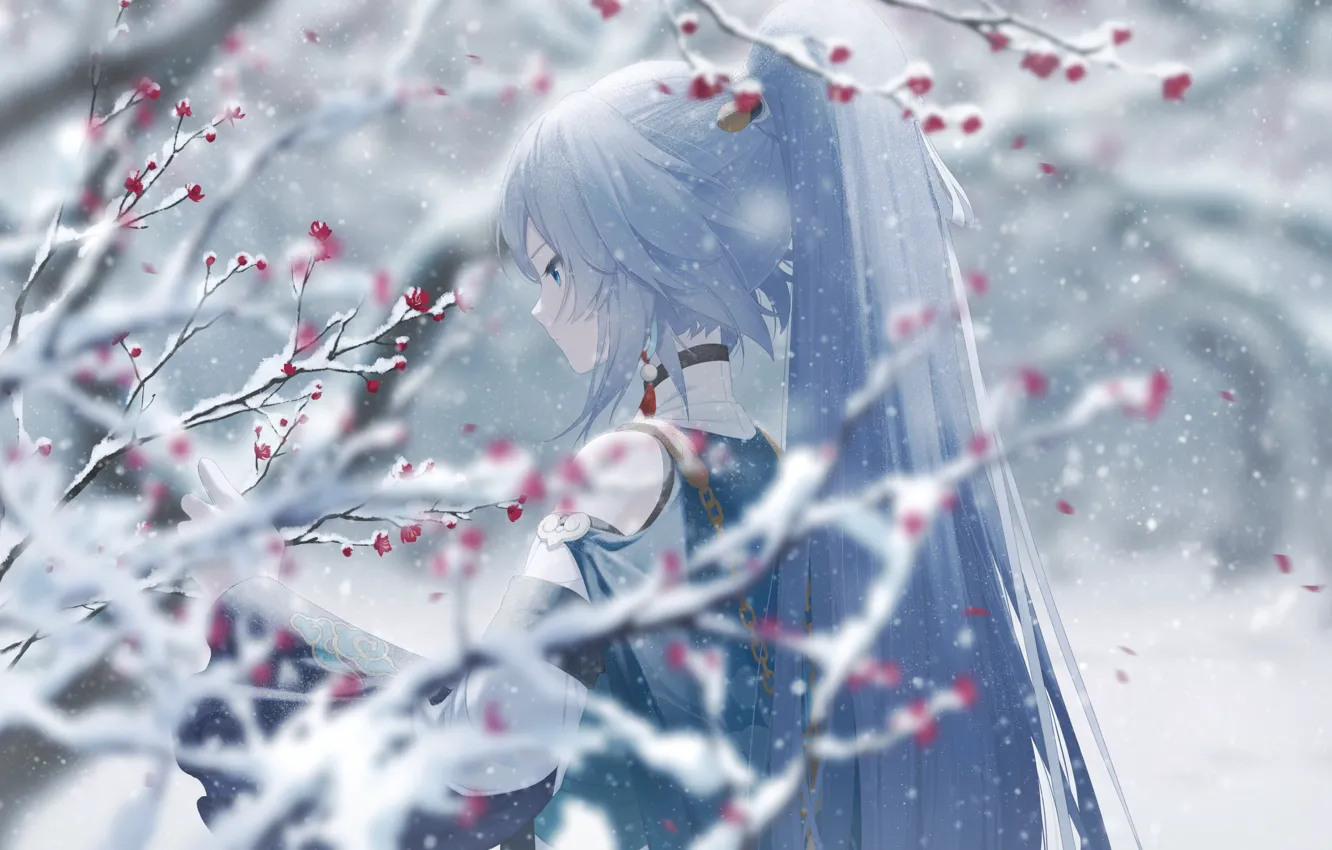 Photo wallpaper girl, snow, flowers, branches, Honkai Impact 3
