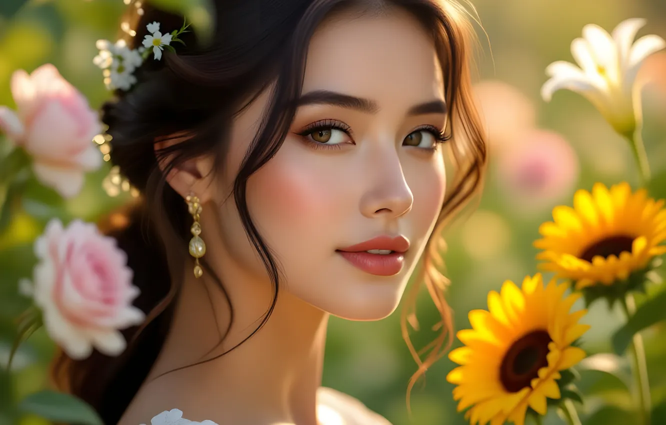 Photo wallpaper summer, girl, flowers, garden, AI art, neural network