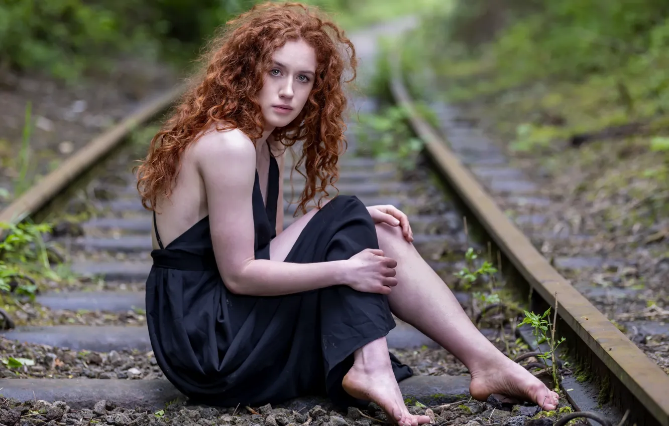 Photo wallpaper girl, railroad, Lydia