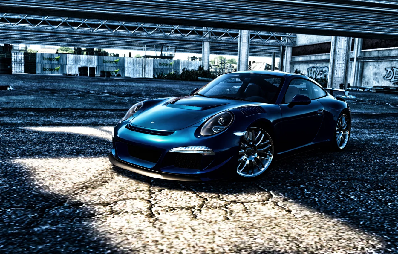Photo wallpaper blue, garbage, graffiti, focus, blur, 911, Porsche, day