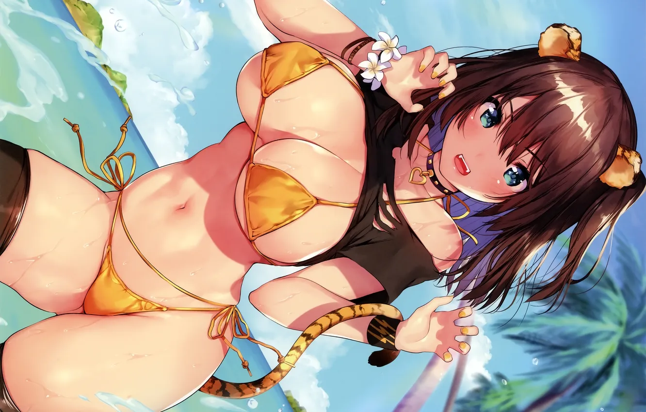 Photo wallpaper girl, sexy, wet, cleavage, beach, thighhighs, sky, green eyes