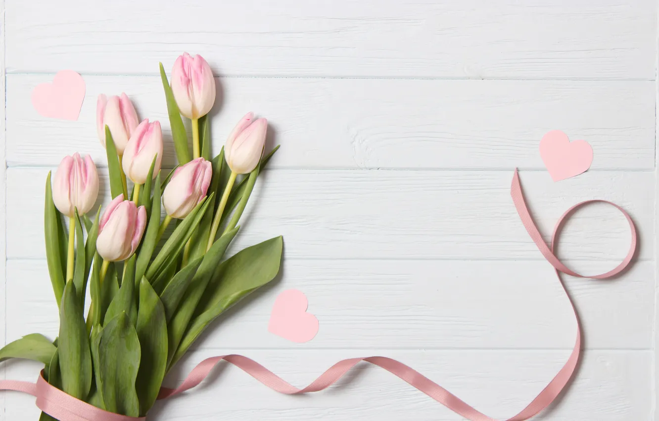Photo wallpaper flowers, bouquet, tape, tulips, pink, wood, pink, flowers