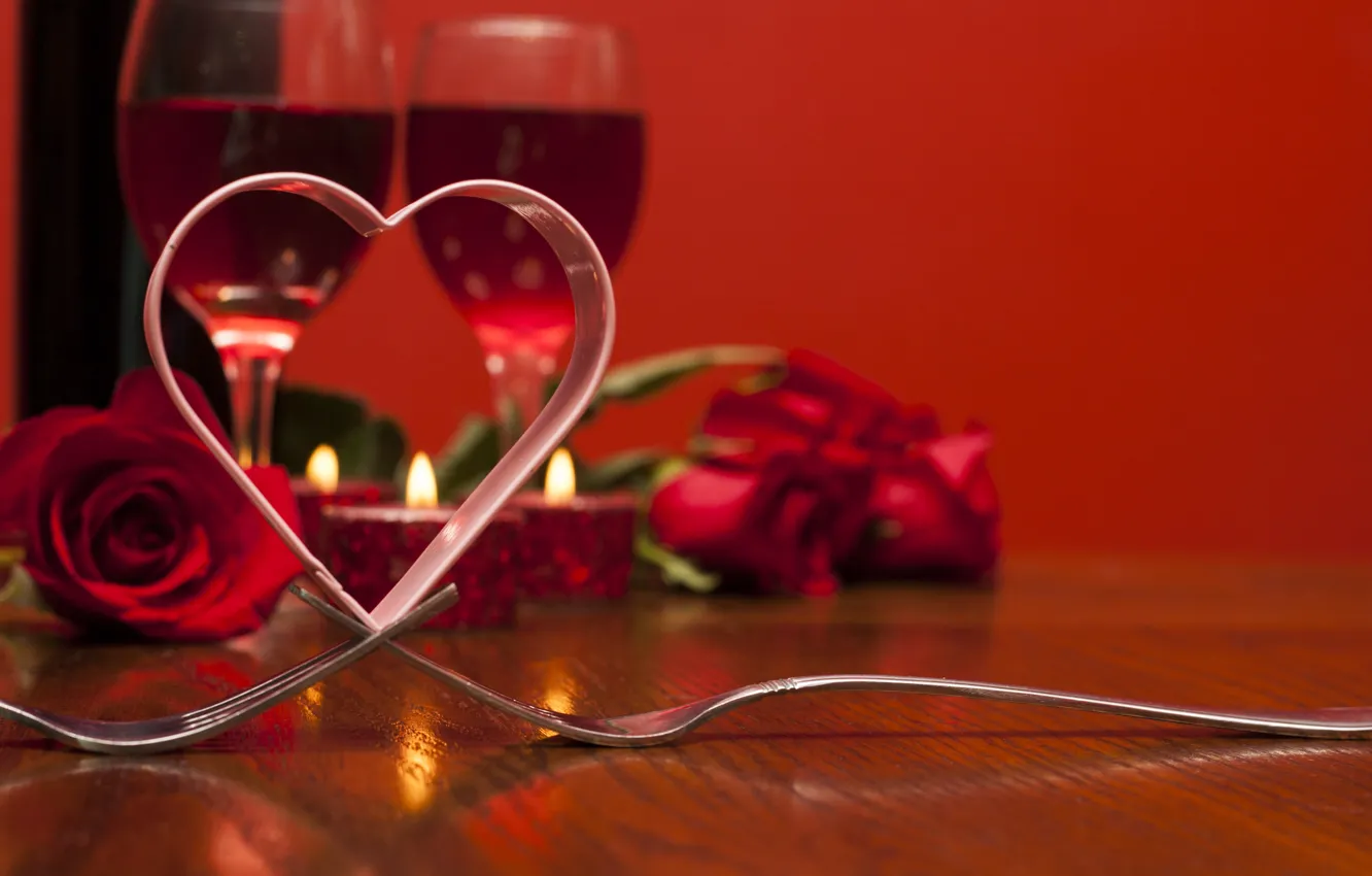 Photo wallpaper love, wine, roses, glasses, red, love, heart, romantic