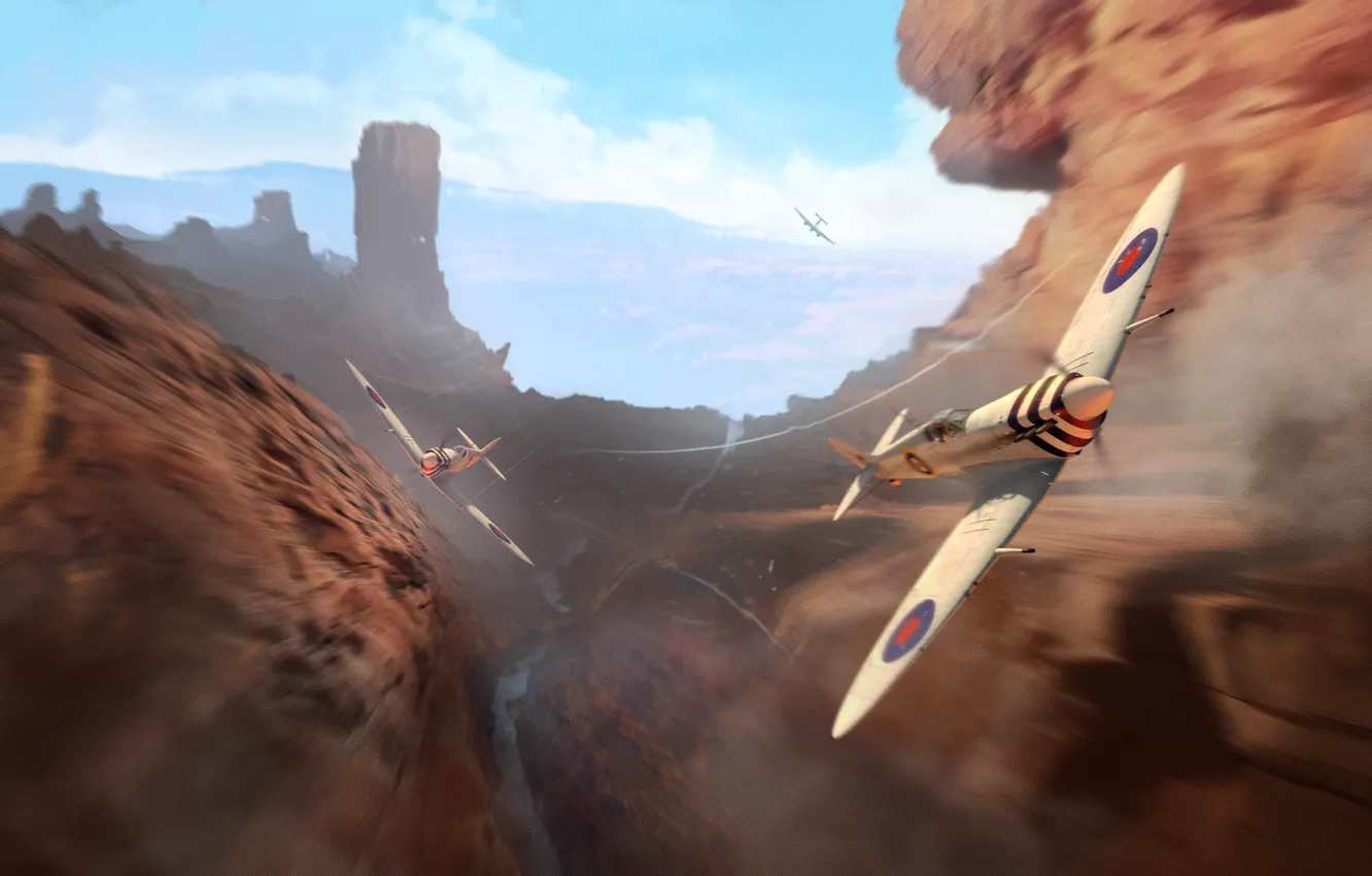 Photo wallpaper the sky, water, clouds, mountains, earth, smoke, chase, fighter