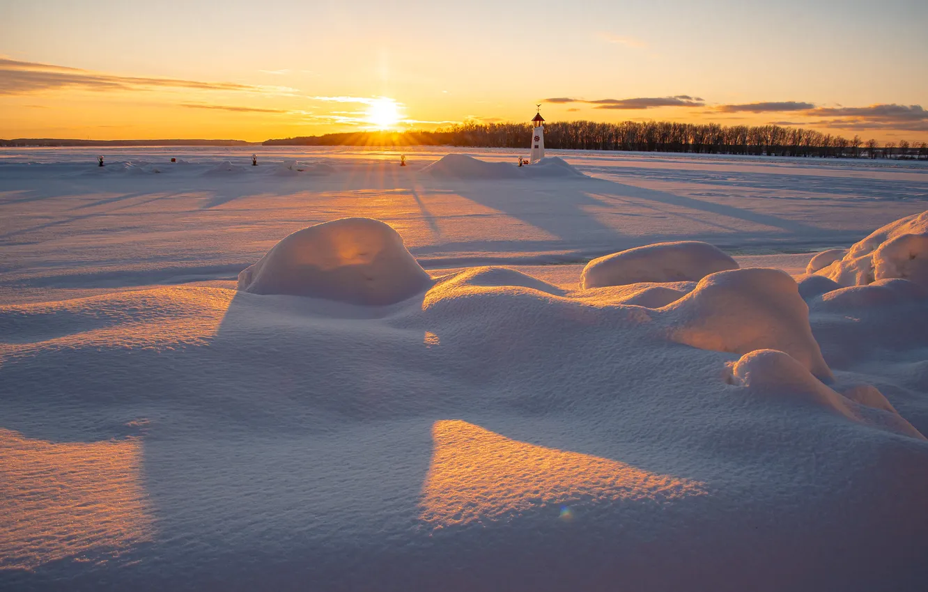 Photo wallpaper winter, field, the sun, rays, snow, sunset, nature, dawn