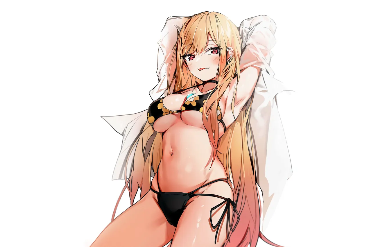 Photo wallpaper girl, sexy, cleavage, long hair, boobs, anime, beautiful, red eyes