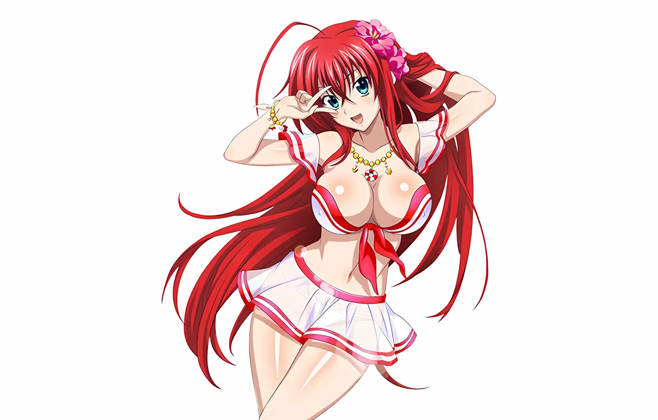 Photo wallpaper girl, sexy, cleavage, blouse, long hair, boobs, anime, flowers