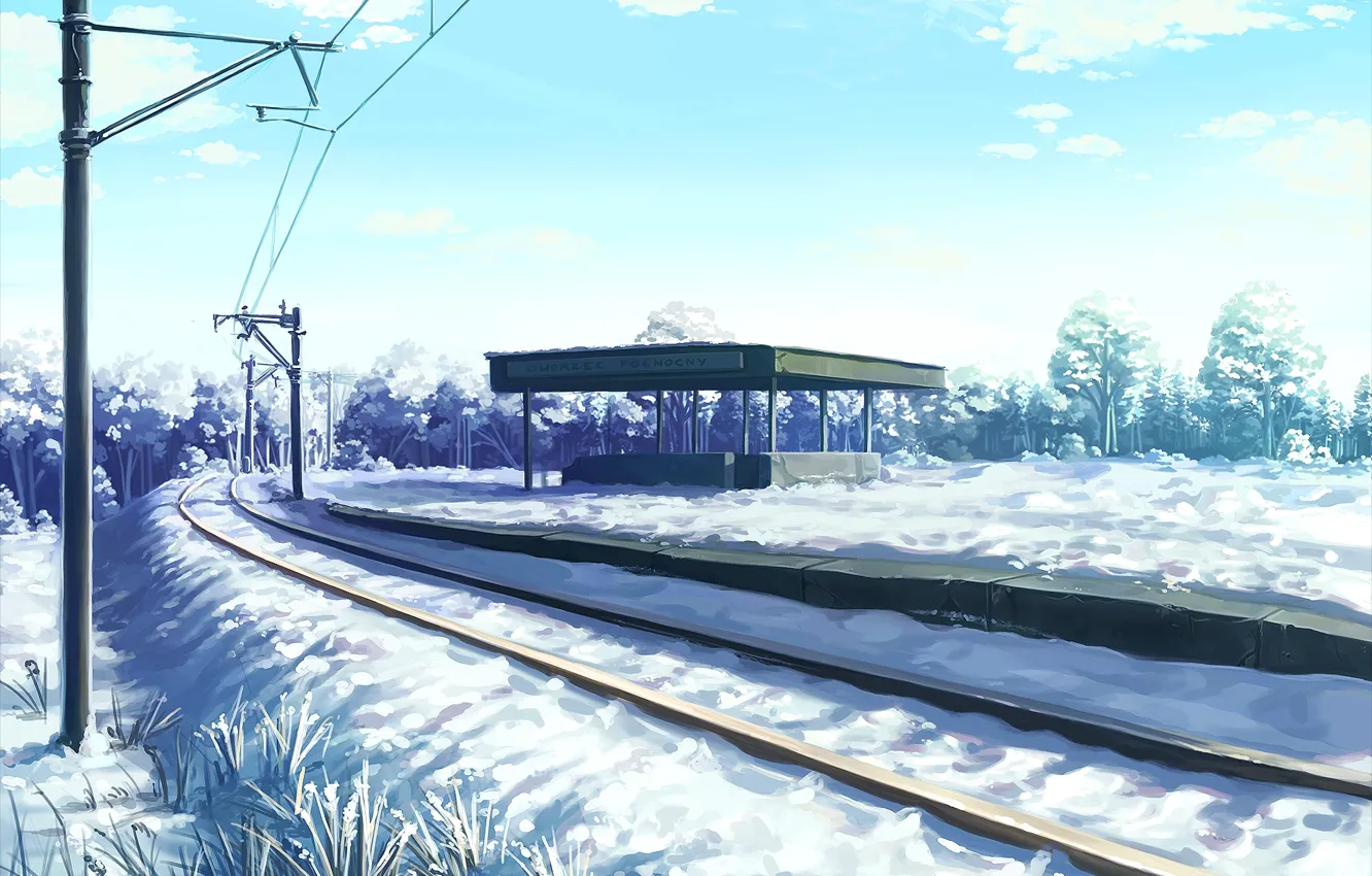Photo wallpaper the sky, clouds, nature, the way, wire, station, anime, art
