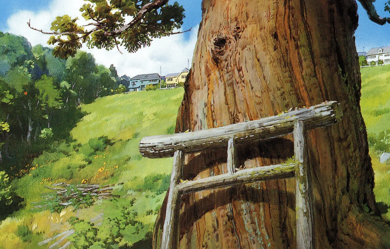 Photo wallpaper summer, art, Hayao Miyazaki, the trunk of the tree, Spirited Away, Spirited away, torii gate