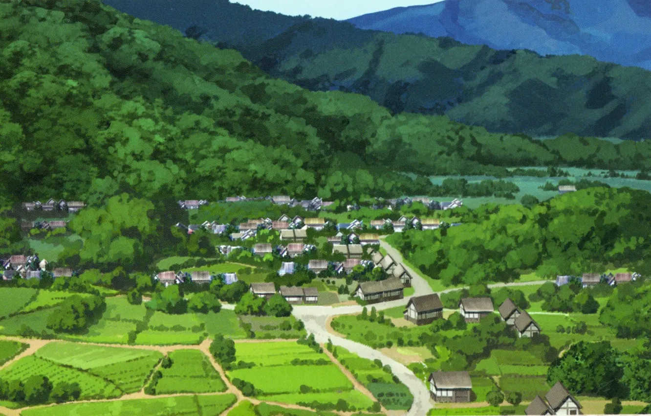 Photo wallpaper summer, field, road, Japan, valley, village, art, green hills