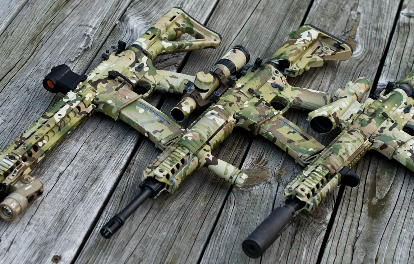 Photo wallpaper wood, scope, AR 15, Assault rifle, multicam