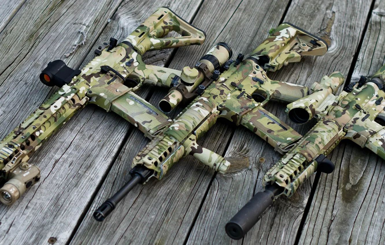 Photo wallpaper wood, scope, assault rifle, multicam, ar 15