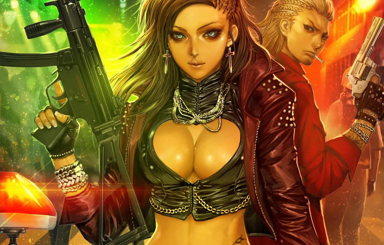 Photo wallpaper girl, decoration, lights, weapons, art, cigarette, guy, cross