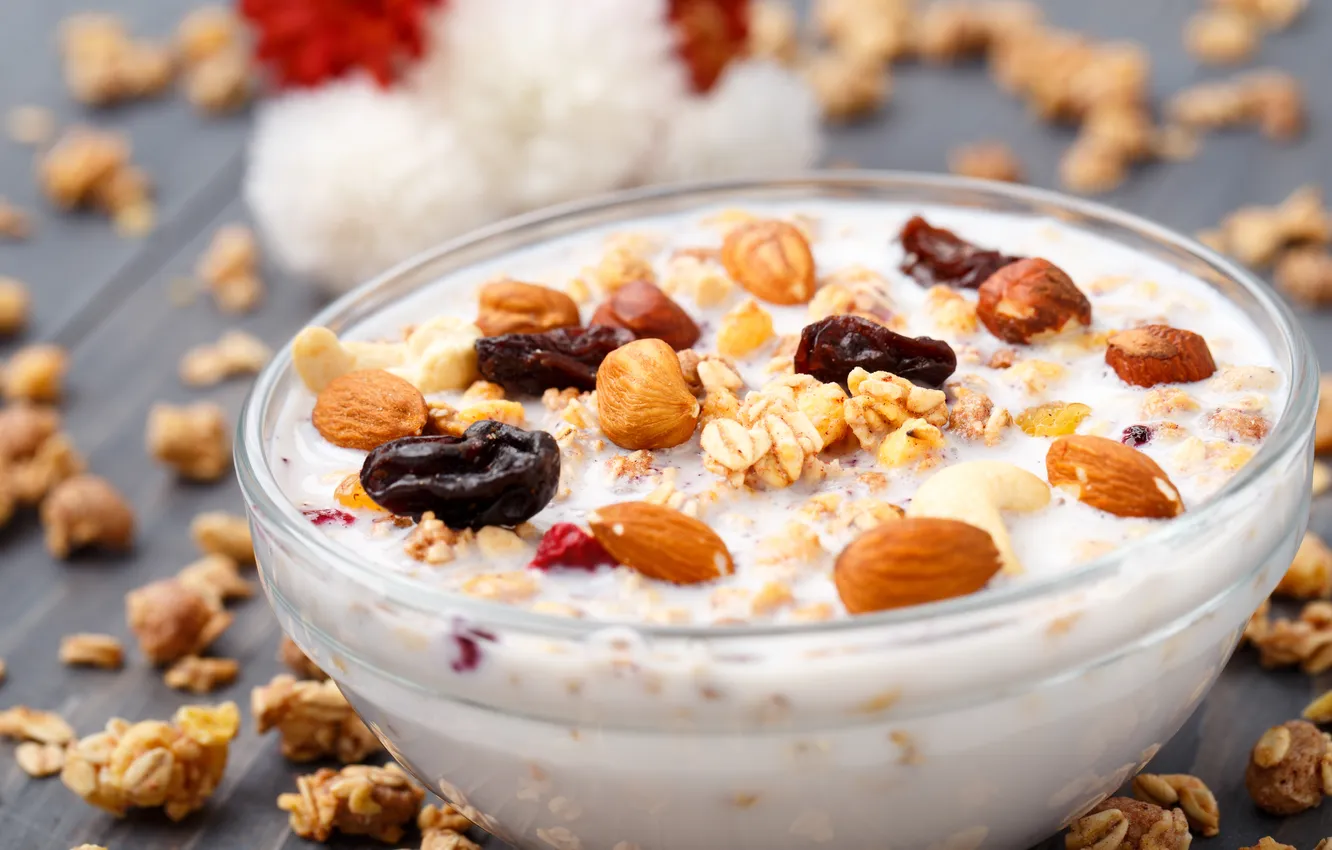 Photo wallpaper Breakfast, milk, nuts, muesli