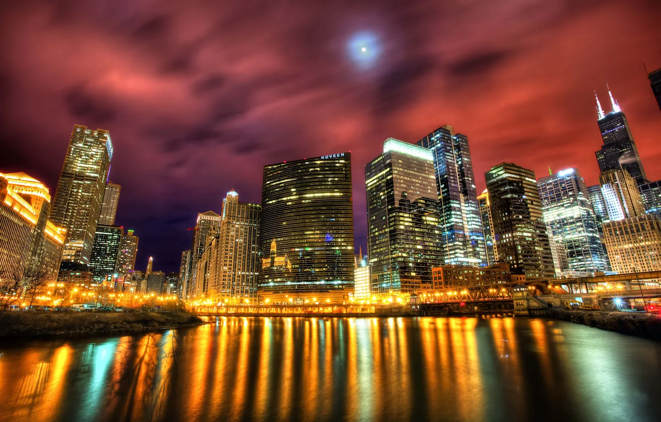 Photo wallpaper light, night, the city, lights, reflection, river, coast, building