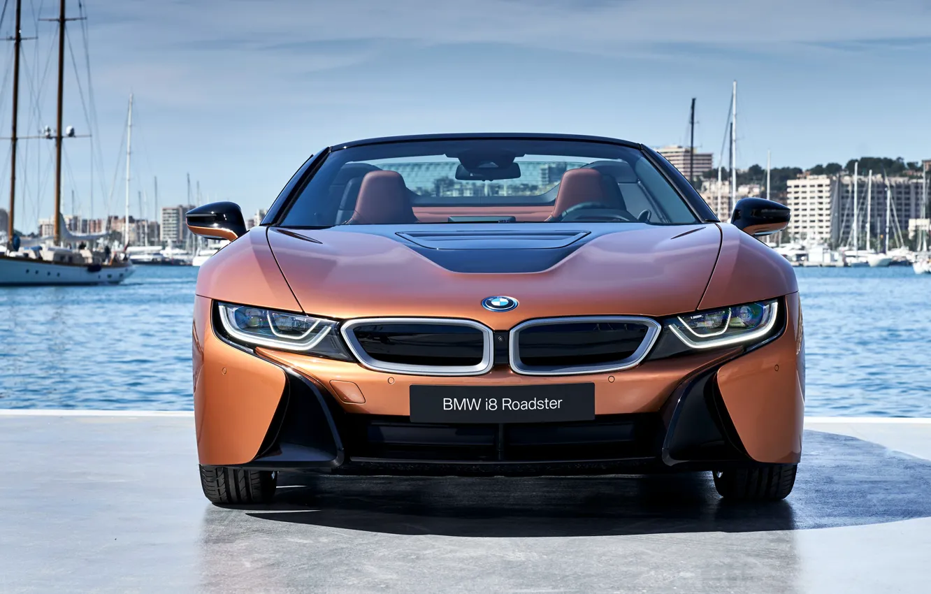 Photo wallpaper Roadster, front view, harbour, 2018, BMW i8