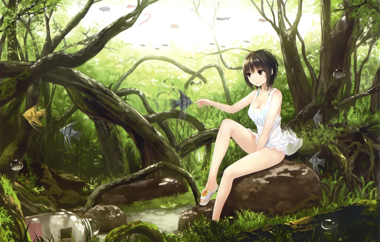 Photo wallpaper forest, fish, girl