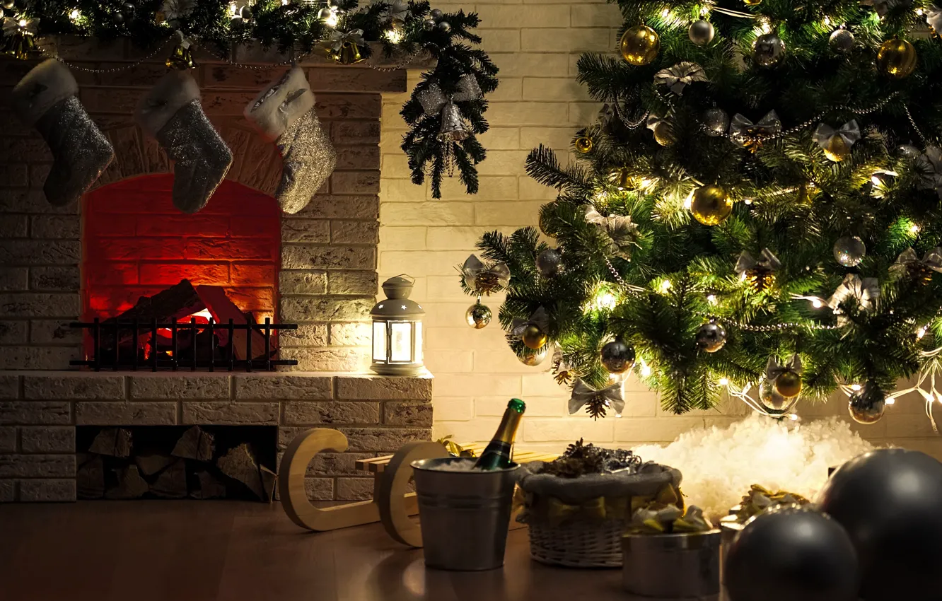 Photo wallpaper toys, interior, gifts, tree, fireplace