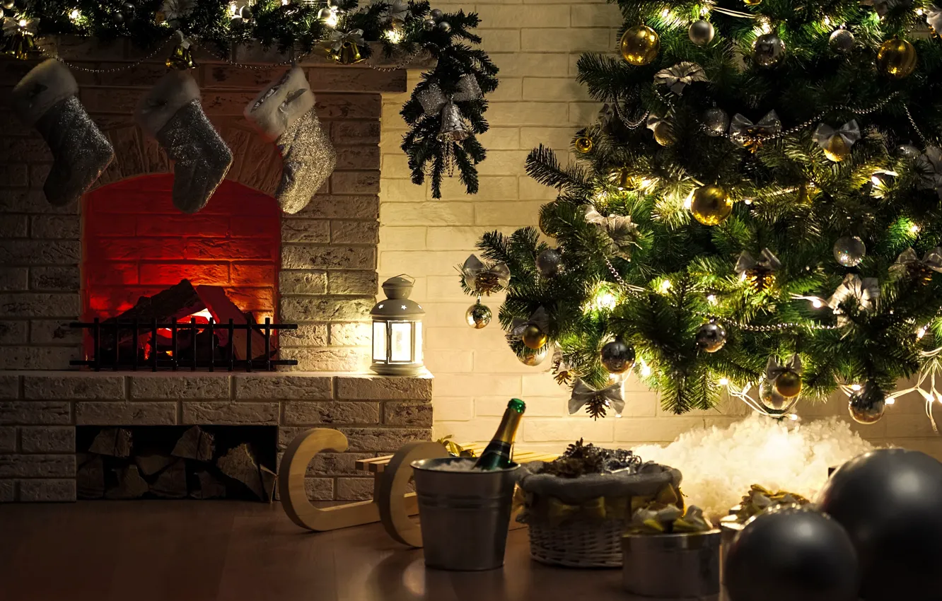Photo wallpaper gift, toy, tree, interior, fireplace