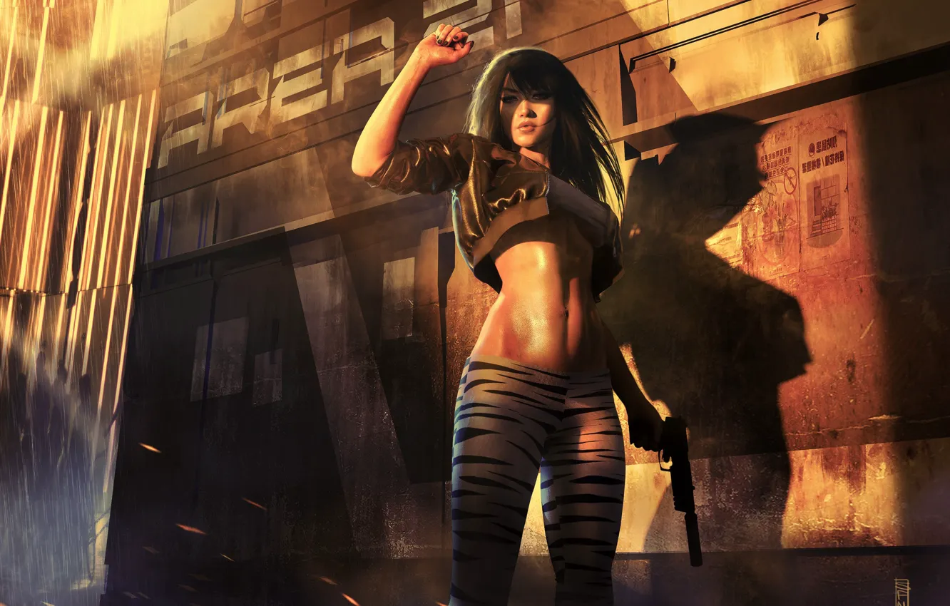 Photo wallpaper look, girl, light, pose, weapons, fiction, hair, sci-fi